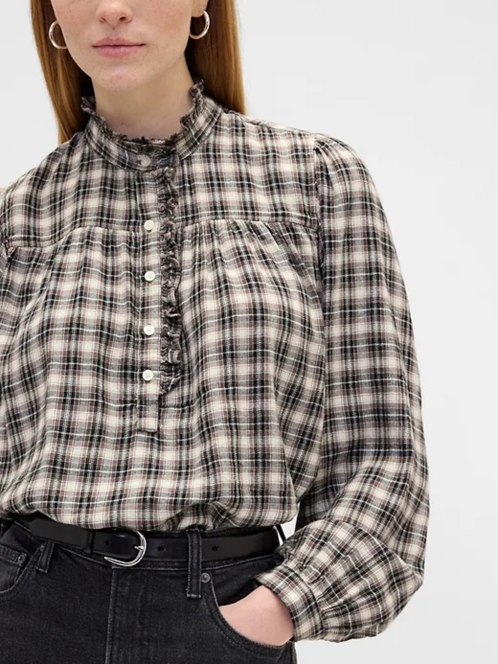 GAP Plaid Ruffle-Neck Button-Front Blouse in Black, White & Taupe